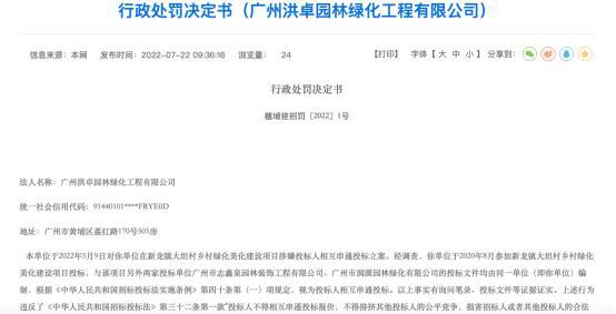 广州洪卓园林绿化工程有限开云体育 开云官网公司因相互串通投标被处罚(图1)
