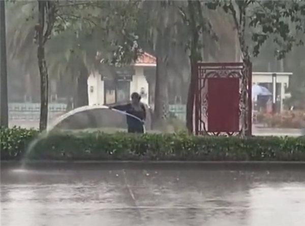 海南绿开云 开云体育平台化工作人员雨天给大树浇水 环卫部门回应(图1)