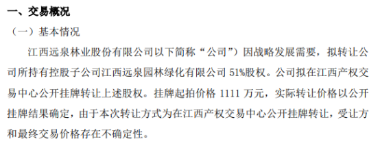 开云体育 开云官网远泉股份拟转让公司所持有控股子公司江西远泉园林绿化有限51%股权 挂牌起拍价格1111万(图1)